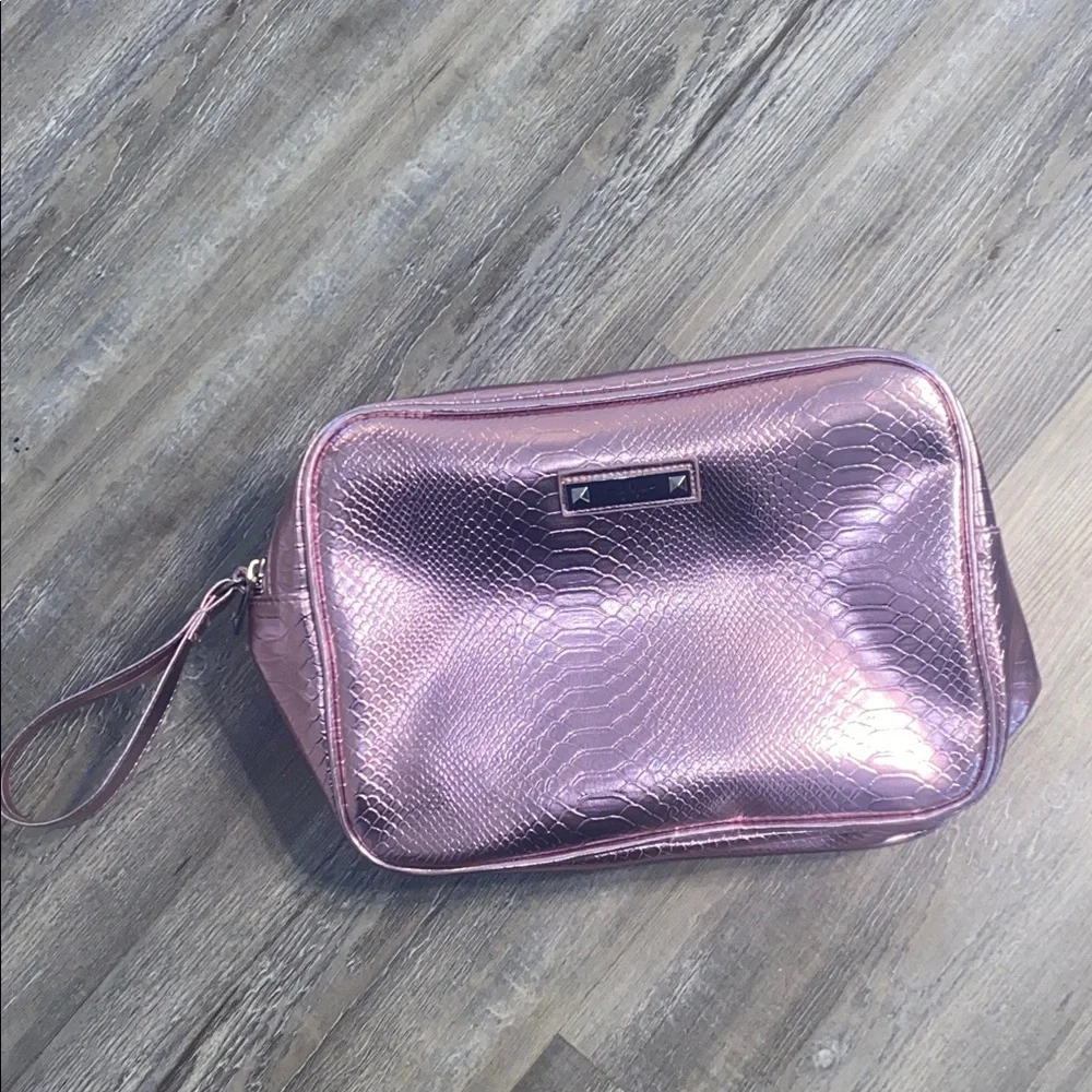 EUC NICOLE MILLER Rose Gold Pink Metallic Travel Double Zip Cosmetic Bag